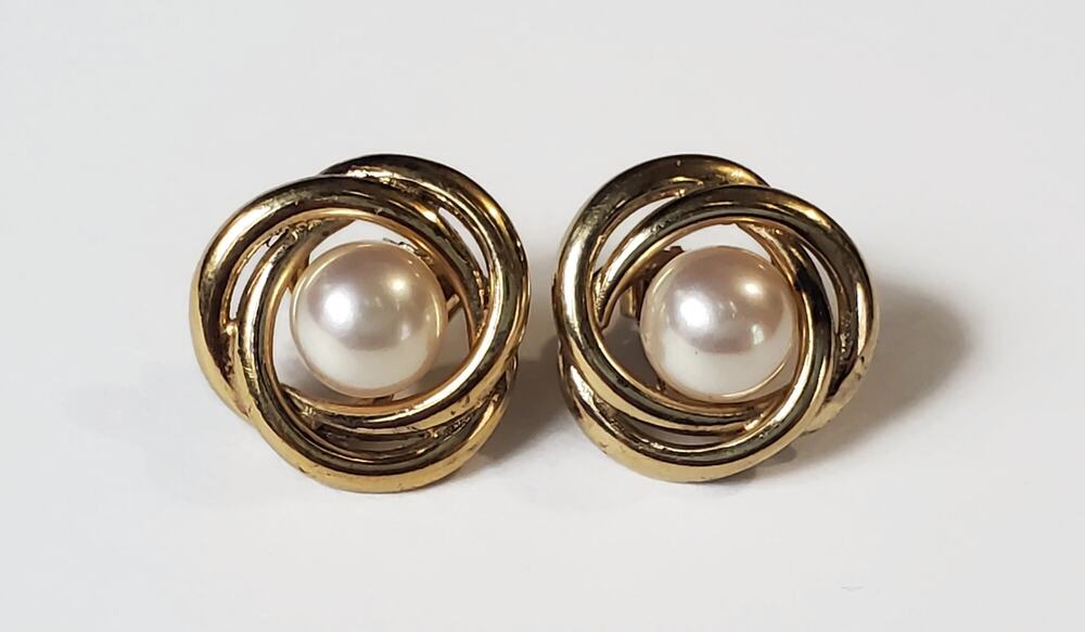 Vintage Gold Over Sterling Silver Faux Pearl Love Knot Vermeil Earrings